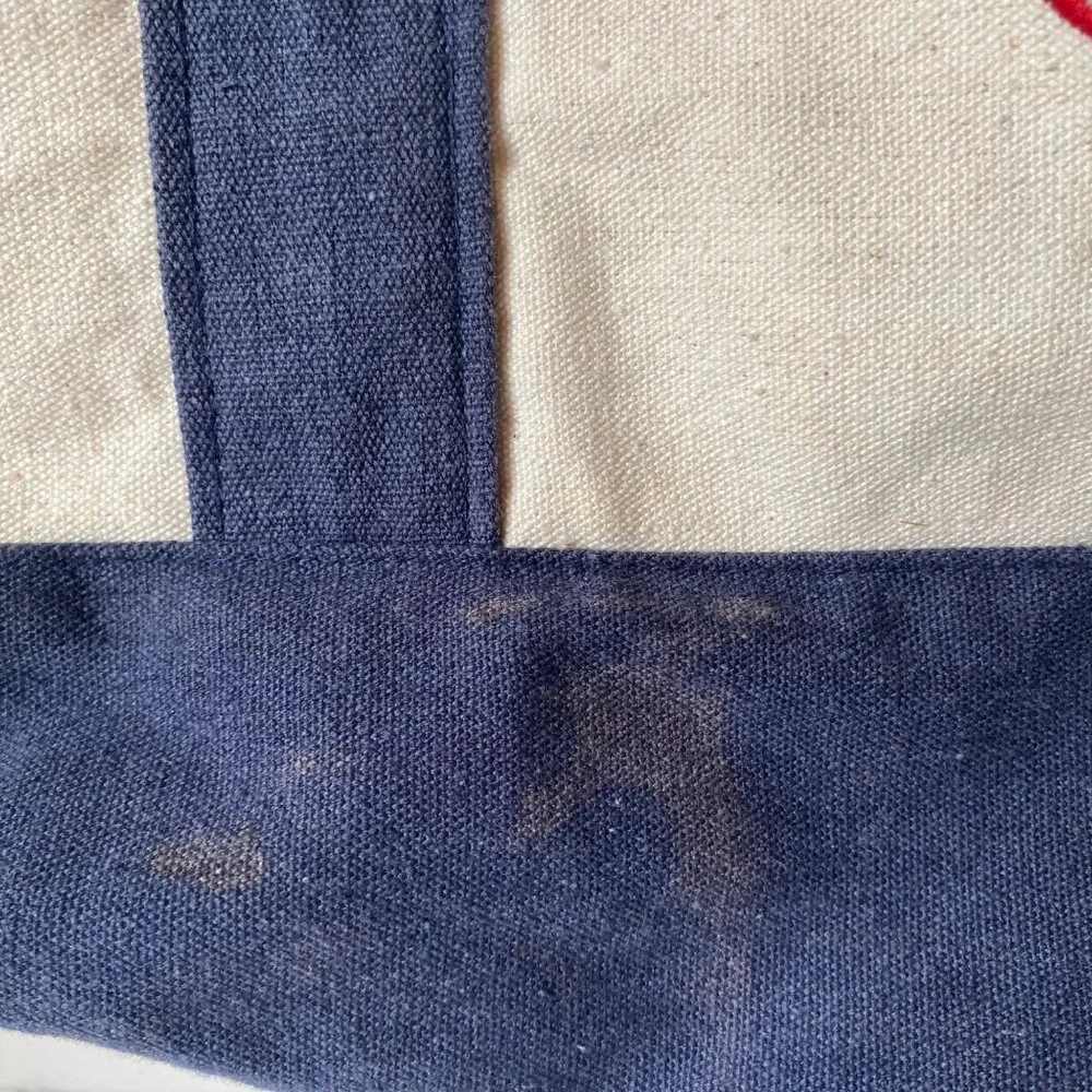 Trader‎ Joe's large embroidered canvas shopping bag blue white stained pockets